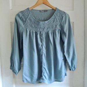 Prana Robyn Blue Flowy Crochet Lace Blouson Sleeve Top S